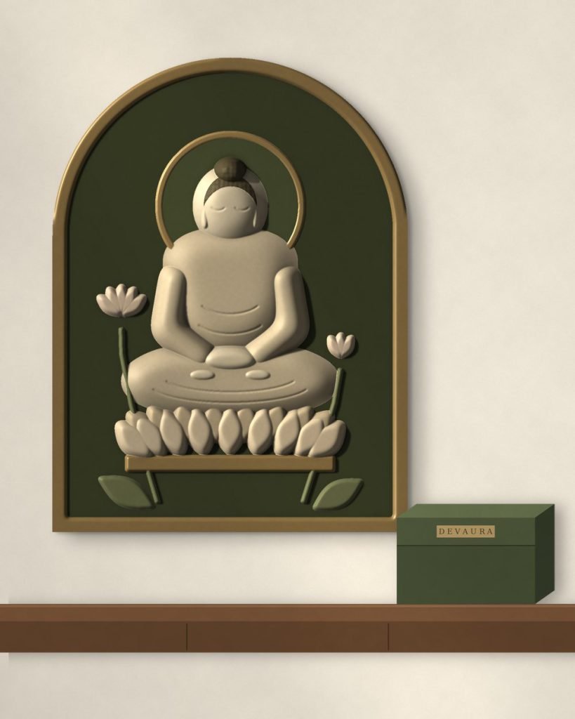 Blossom Buddha relief above a shelf with the DEVAURA gift box