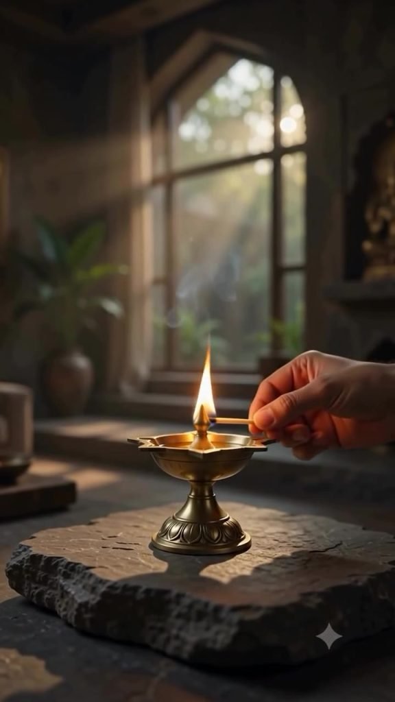 A hand lighting a brass diya