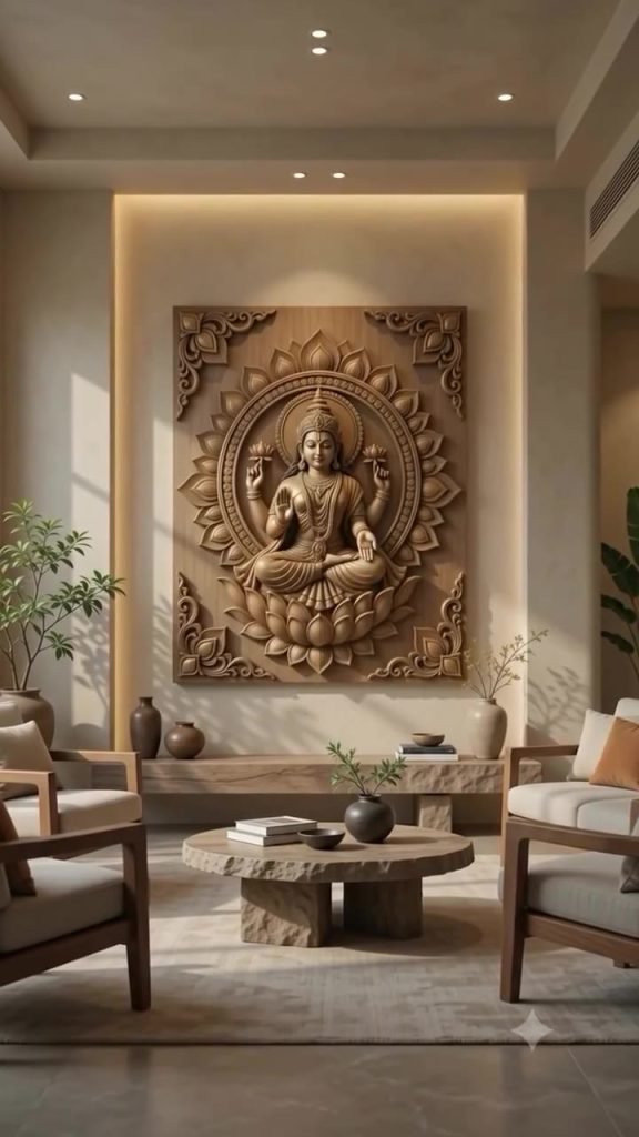 A carved Devi relief on the wall of a modern living room